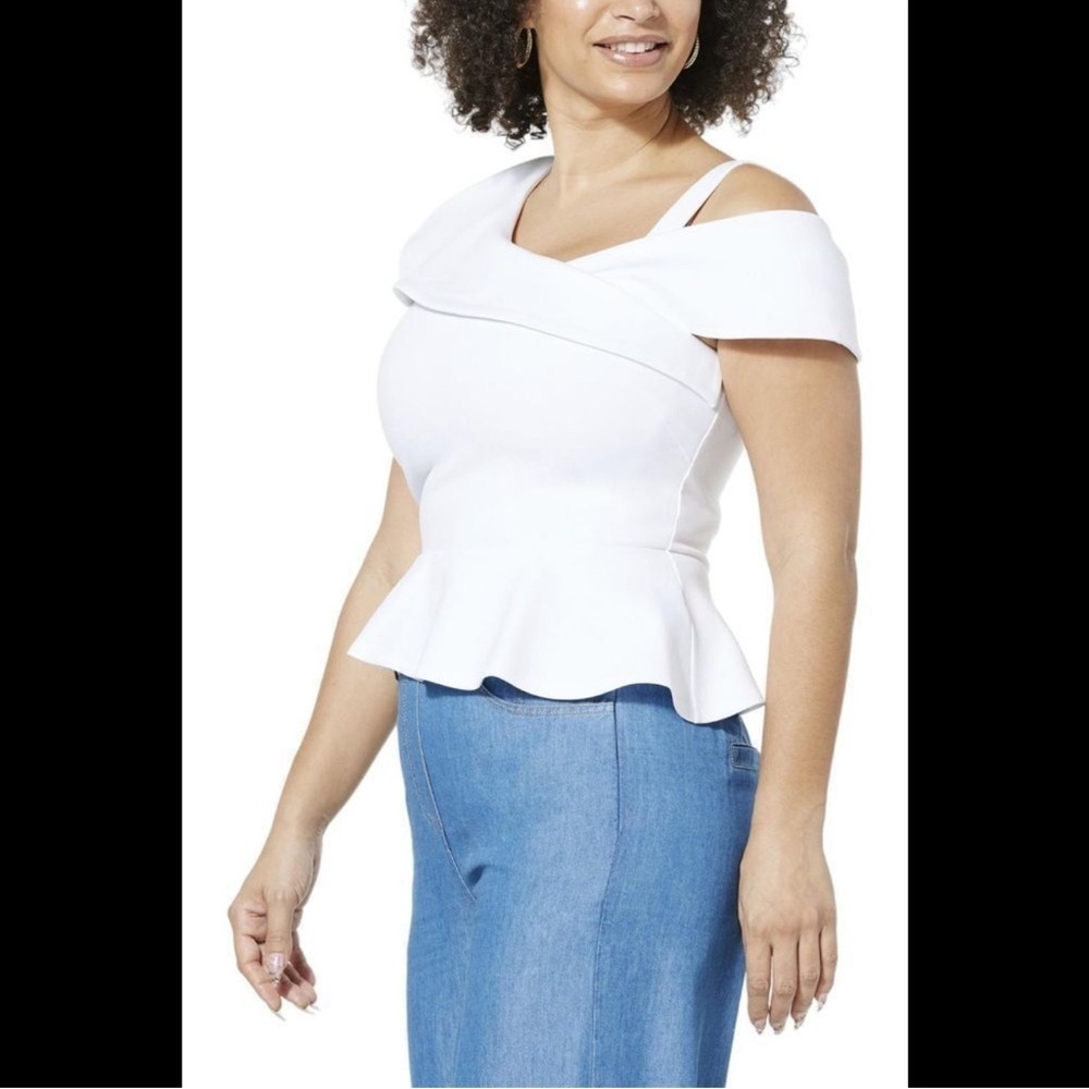 HFR x Undra Celeste Ponte Knit Origami Top Sea Salt  Asymmetrical White Peplum